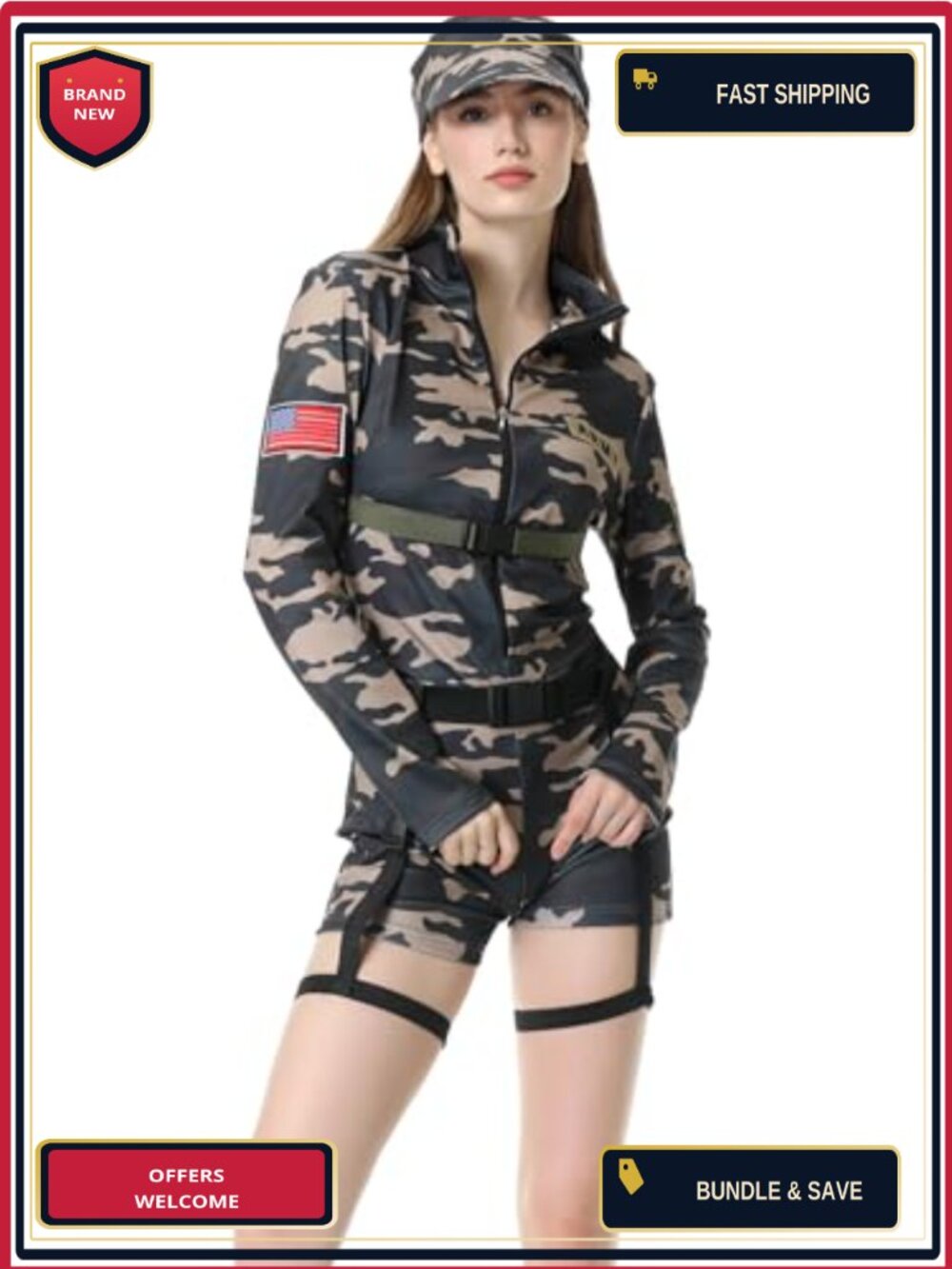 Womens Military Commando Costume Camo Jumpsuit Halloween Cosplay